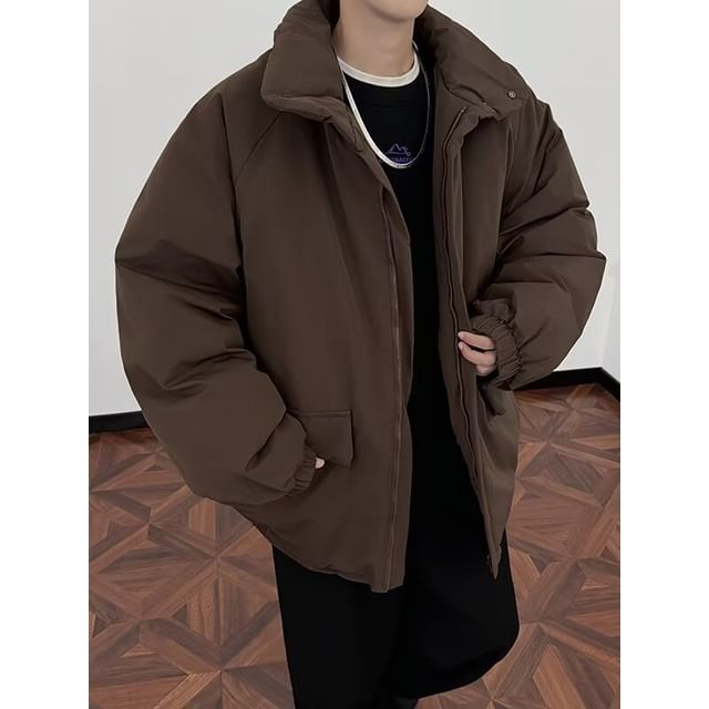 Yelmenor-Stand Collar Zip-Up Plain Padded Jacket