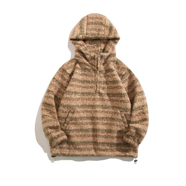 Yelmenor-Striped Drawstring Hem Half-Zip Hoodie