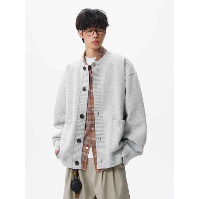 YERGO-Crew Neck Plain Pocket Detail Cardigan