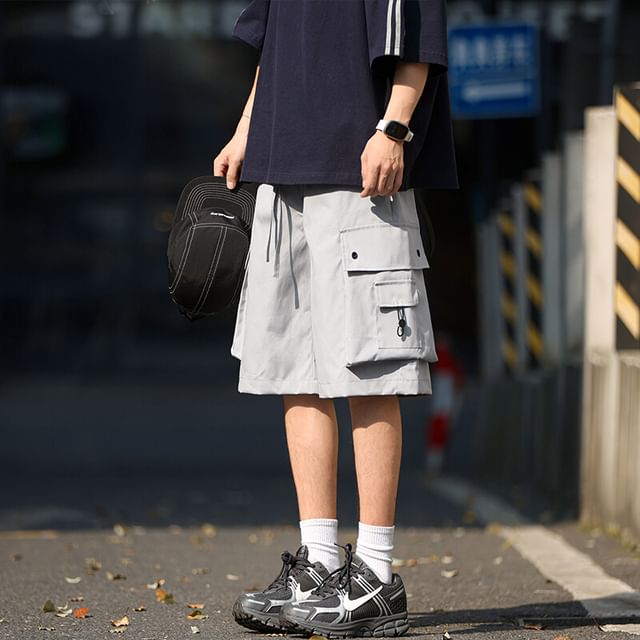 YERGO-Drawstring Waist Plain Cargo Shorts