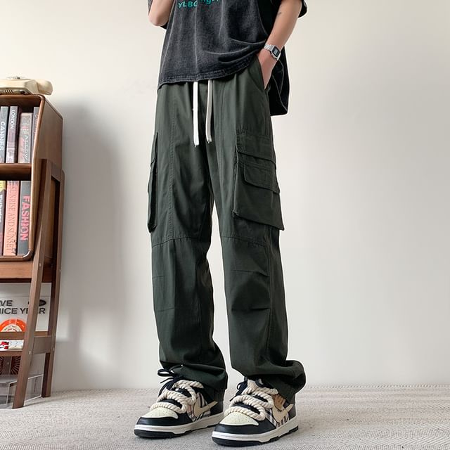 YERGO-Drawstring Waist Plain Loose Fit Cargo Pants