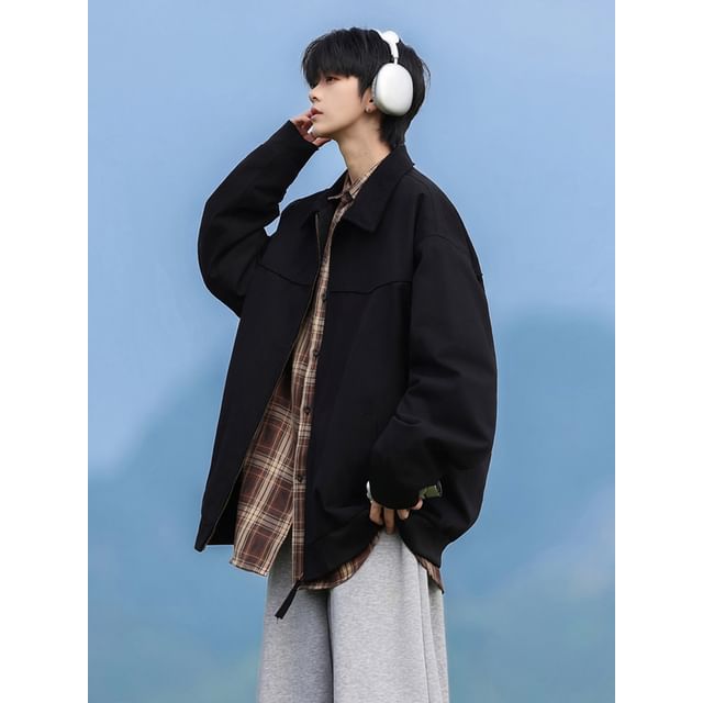 YERGO-Drop-Shoulder Plain Zip Jacket