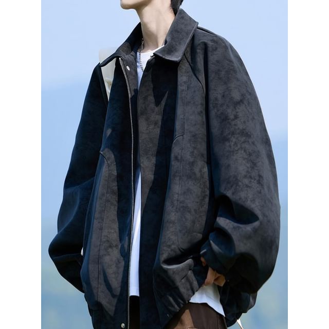 YERGO-Faux Leather Collared Zip-Up Jacket