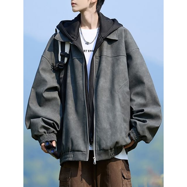 YERGO-Faux Leather Hooded Zip-Up Jacket