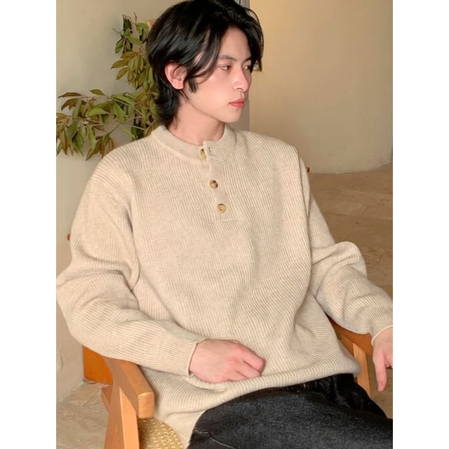 YERGO-Henley Plain Ribbed Sweater