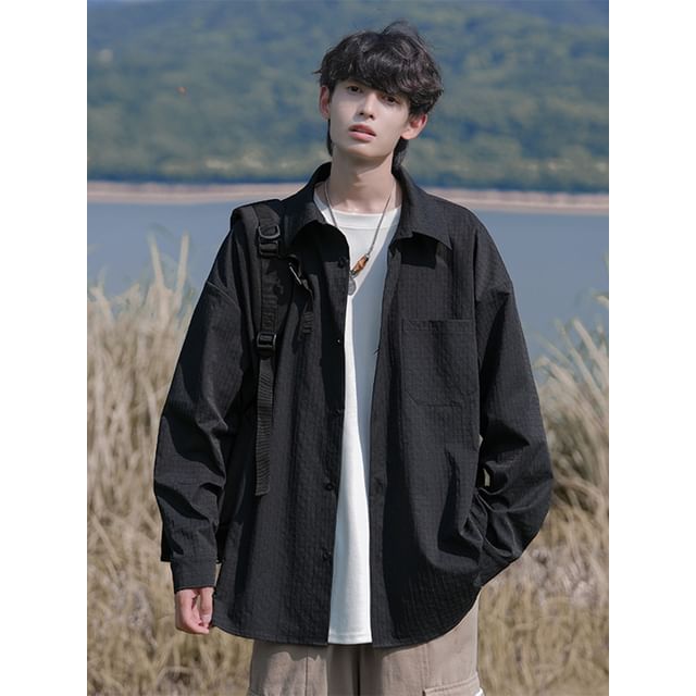 YERGO-Long-Sleeve Button-Up Plain Shirt
