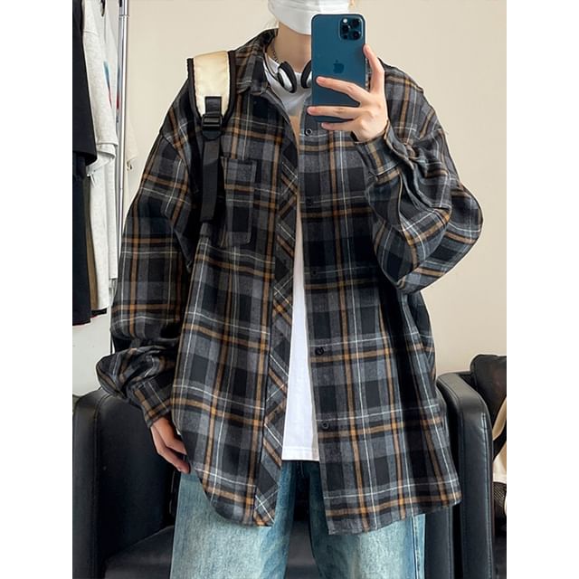 YERGO-Long-Sleeve Plaid Button-Up Shirt