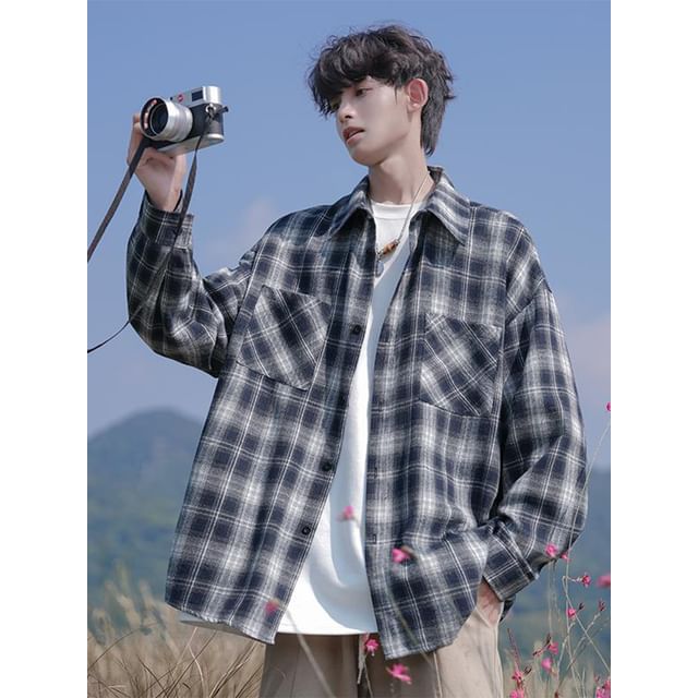 YERGO-Long-Sleeve Plaid Button-Up Shirt