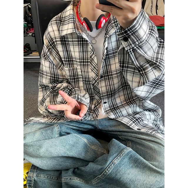 YERGO-Long-Sleeve Plaid Button-Up Shirt