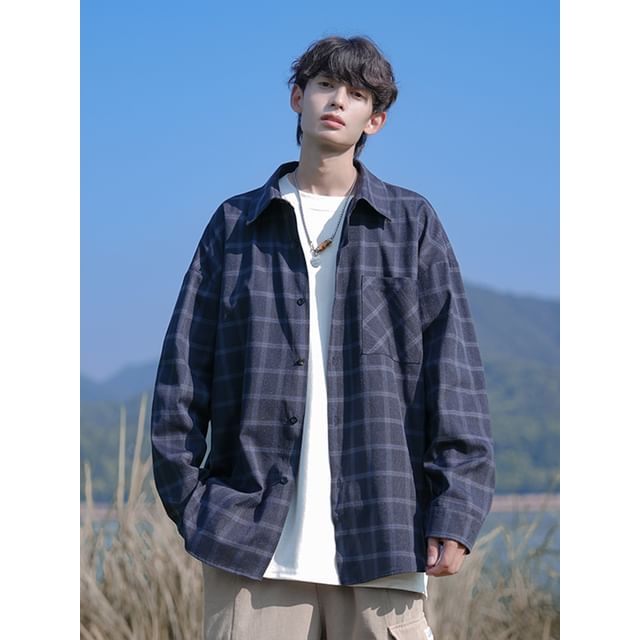 YERGO-Long-Sleeve Plaid Button-Up Shirt