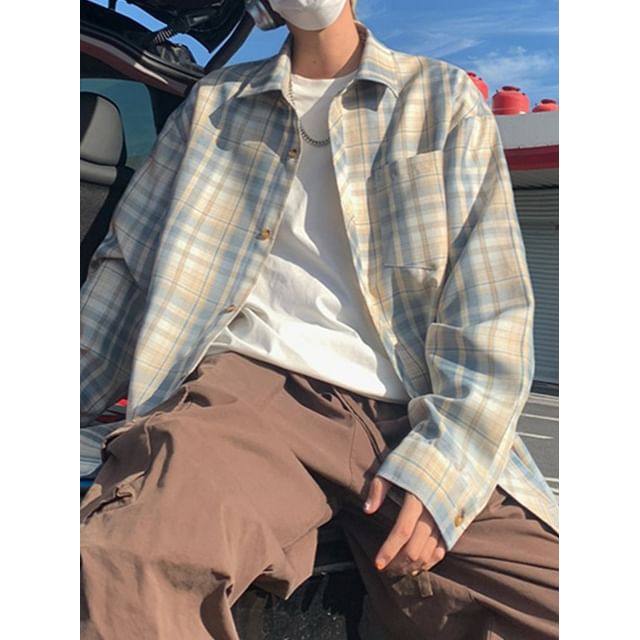 YERGO-Long-Sleeve Plaid Button-Up Shirt