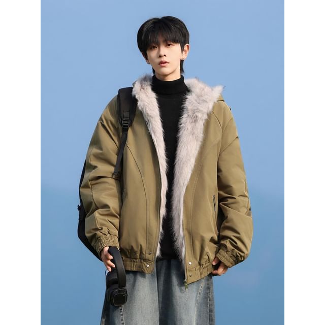 YERGO-Plain Fluffy Trim Zip Jacket