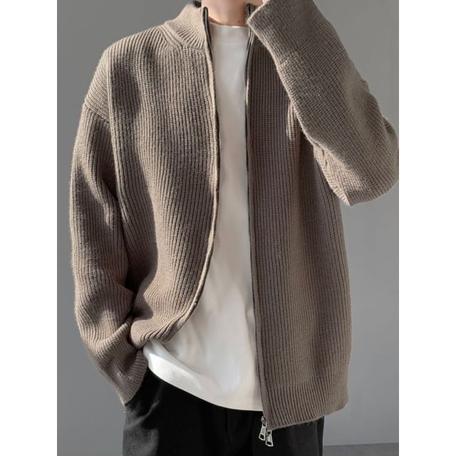YERGO-Stand Collar Plain Zip Cardigan