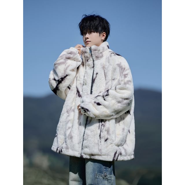 YERGO-Stand Collar Tie Dye Faux Shearling Zip Jacket