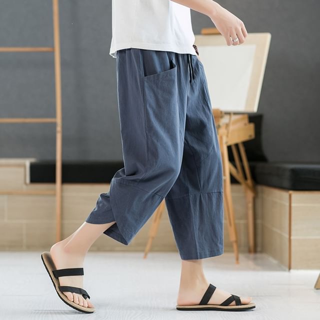 YIKES-Drawstring Waist Loose Fit Plain Crop Harem Pants