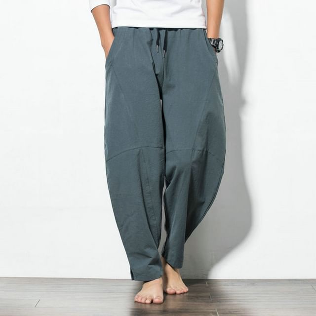 YIKES-Drawstring Waist Loose Fit Plain Harem Pants