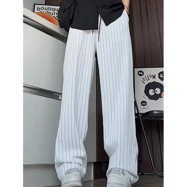 YIKES-Drawstring Waist Pinstriped Wide Leg Pants