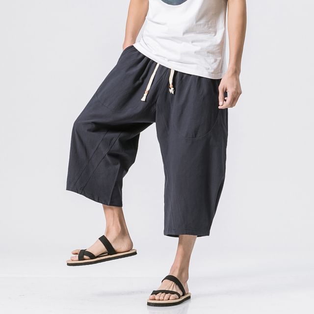 YIKES-Drawstring Waist Plain Capri Harem Pants
