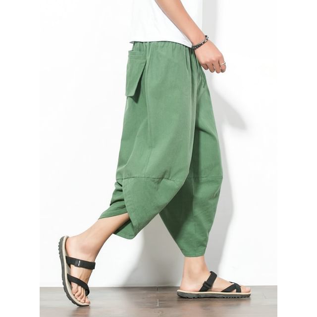 YIKES-Drawstring Waist Plain Cropped Baggy Pants