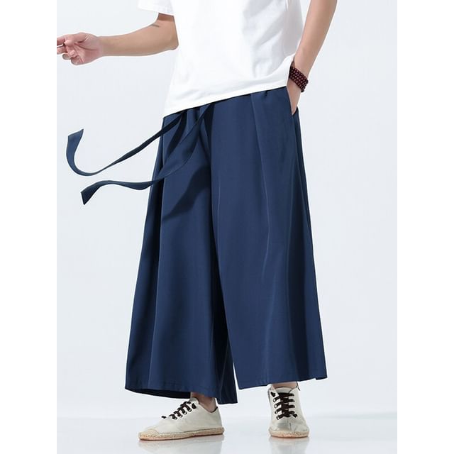 YIKES-Drawstring Waist Plain Cropped Wide Leg Pants