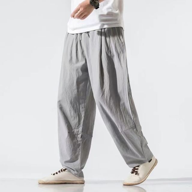 YIKES-Drawstring Waist Plain Harem Pants