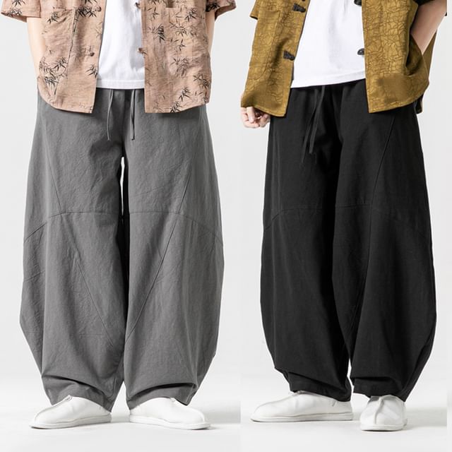 YIKES-Drawstring Waist Plain Harem Pants