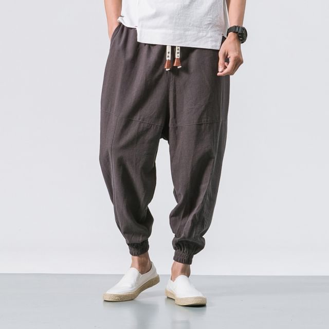 YIKES-Drawstring Waist Plain Harem Pants