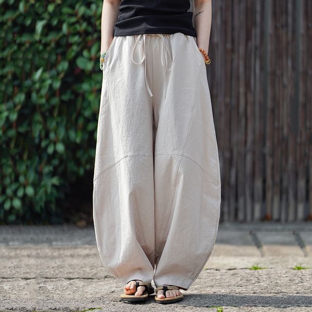 YIKES-Drawstring Waist Plain Harem Pants