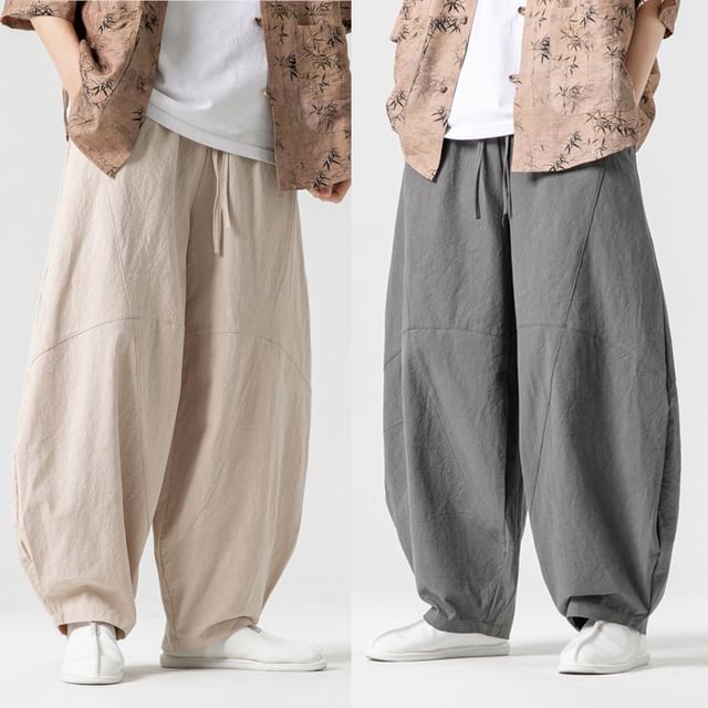 YIKES-Drawstring Waist Plain Harem Pants