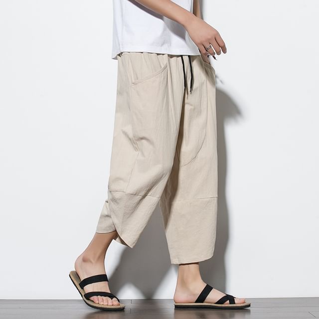 YIKES-Drawstring Waist Plain Paneled Cropped Harem Pants