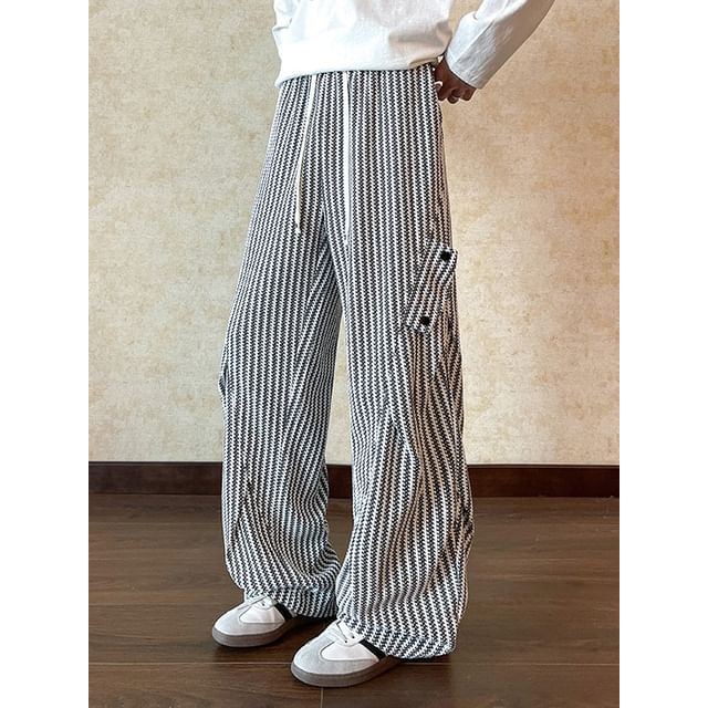 YIKES-Drawstring Waist Striped Wide Leg Pants