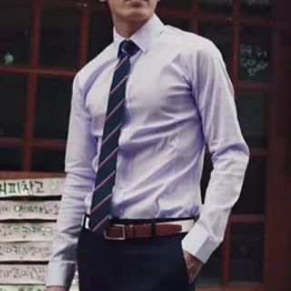 YIKES-Long-Sleeve Plain Slim Fit Shirt