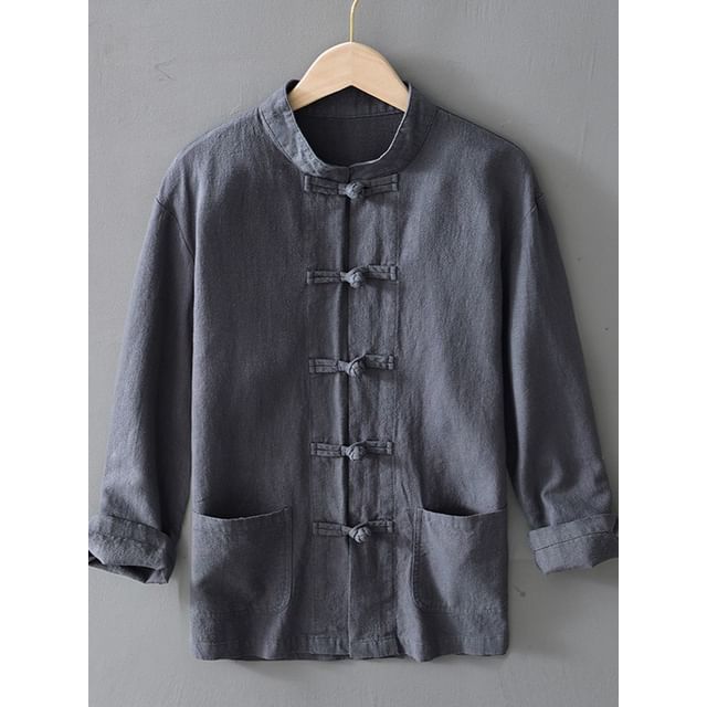 YIKES-Long-Sleeve Stand Collar Plain Frog Buttoned Shirt