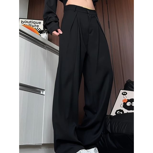 YIKES-Mid Rise Plain Pleated Wide Leg Pants