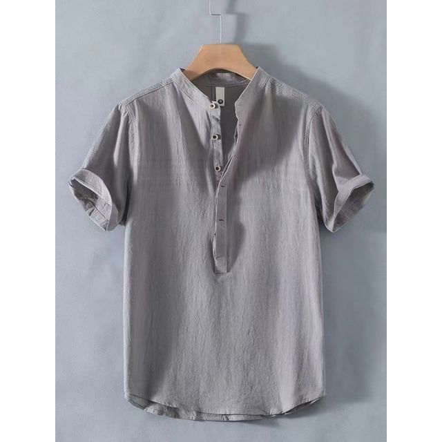 YIKES-Short-Sleeve Stand Collar Half-Buttoned Plain T-Shirt