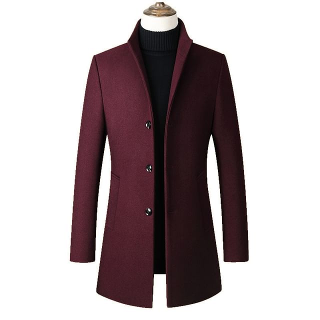 YIKES-Stand Collar Plain Single-Breasted Coat