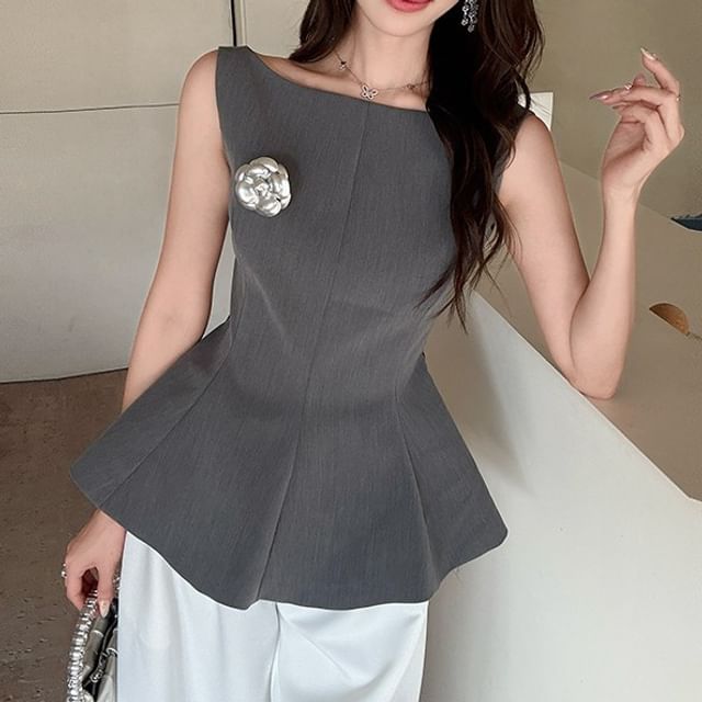 Yilda-Boat Neck Plain Peplum Tank Top