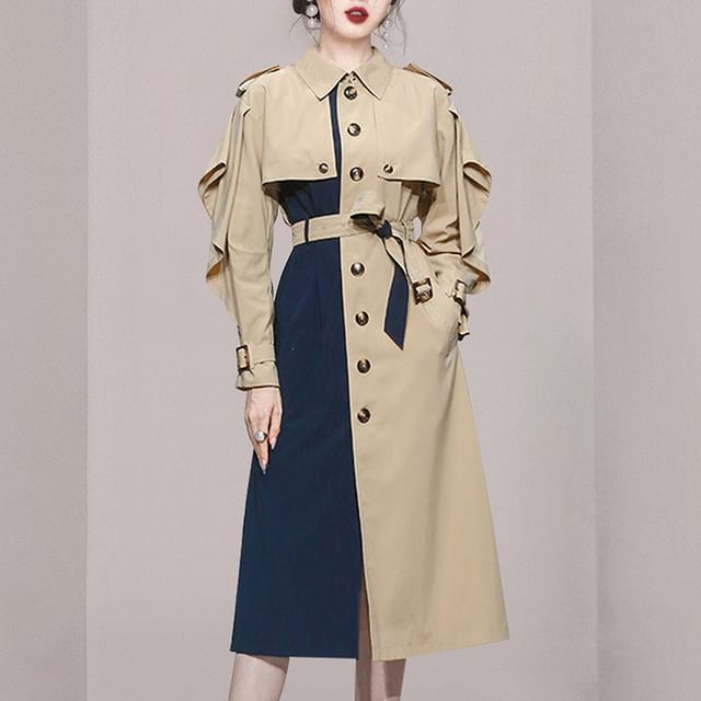 Yilda-Collar Two Tone Midi Single-Breasted Trench Coat