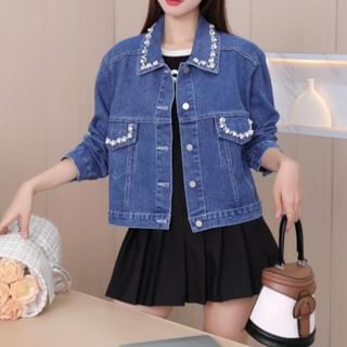 Yilda-Collared Beaded Washed Button Denim Jacket-One Size