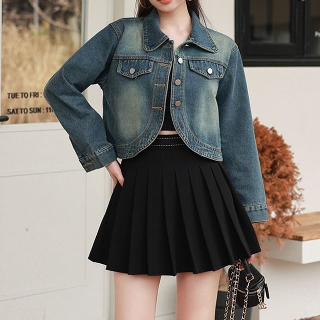 Yilda-Collared Washed Button Denim Jacket