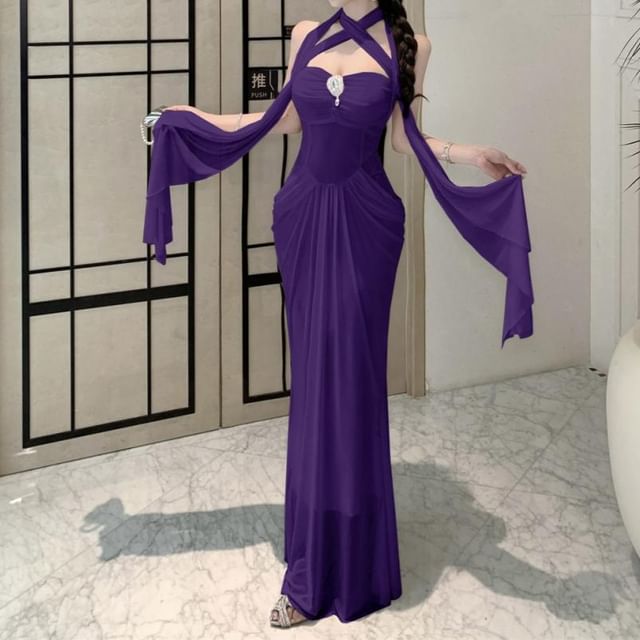 Yilda-Halter Plain Ruched Maxi Sheath Dress