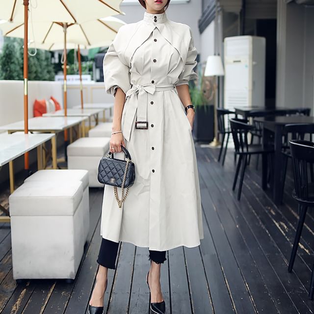 Yilda-Lapel Collar Plain Single Breasted Trench Coat