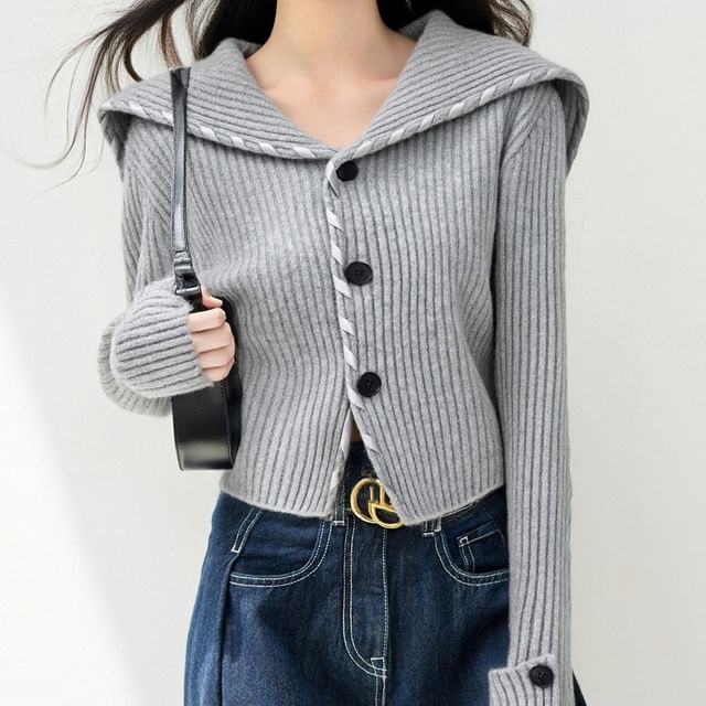 Yilda-Long-Sleeve Collar Contrast Stitching Ribbed Button Knit Top