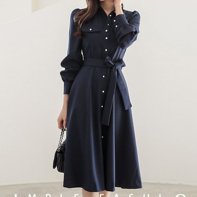 Yilda-Long-Sleeve Collared Button-Up Plain Midi A-Line Dress