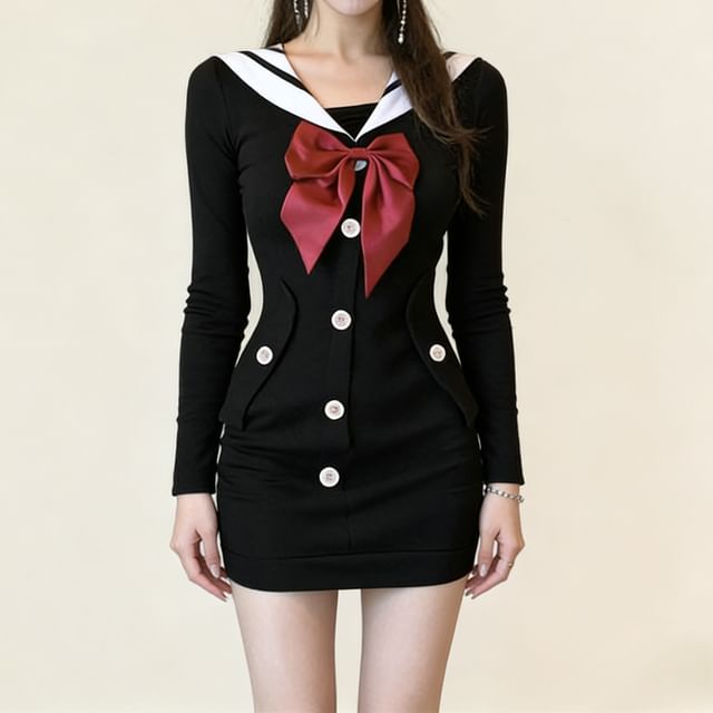 Yilda-Long-Sleeve Collared Double Breasted Mini Bodycon Dress