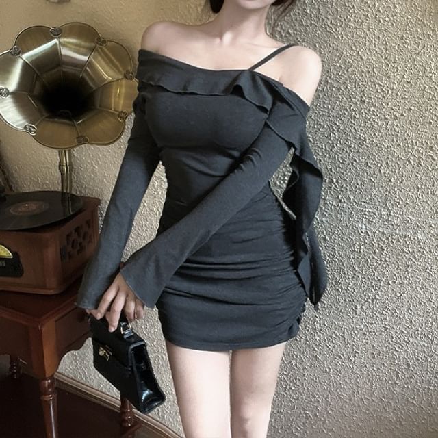 Yilda - Long-Sleeve Off Shoulder Plain Ruffle Trim Mini Bodycon Dress