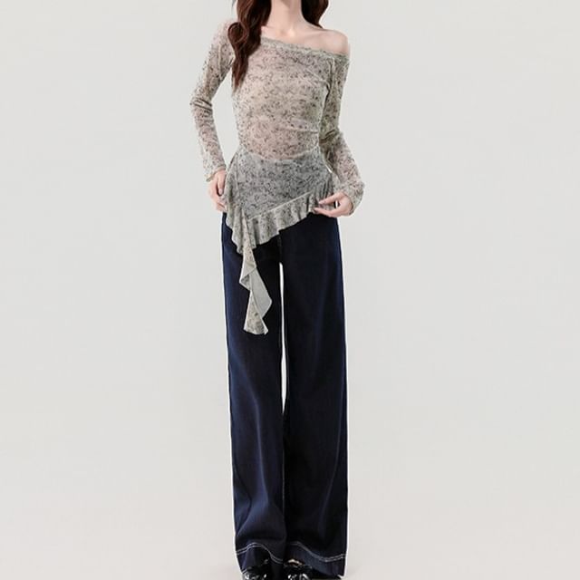Yilda-Long-Sleeve Off Shoulder Sheer Ruffle Trim Top