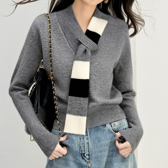 Yilda-Long-Sleeve Tie-Neck Striped Panel Sweater