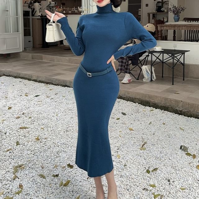 Yilda-Long-Sleeve Turtleneck Plain Midi Sheath Knit Dress