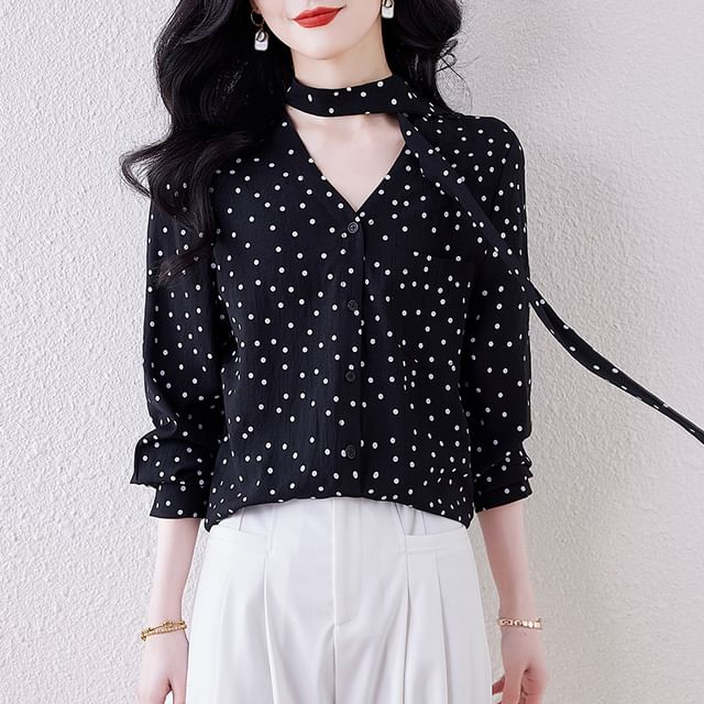 Yilda-Long-Sleeve V-Neck Dotted Blouse